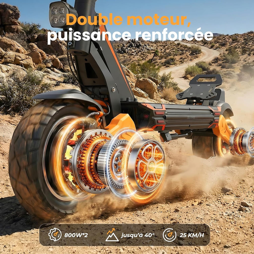 isinwheel GT1Dual Trottinette Électrique Adulte Tout Terrain, Double Moteur Commutable, Batterie 48V 13Ah 60 km Autonomie, Pneus 10" Off-Road, Clignotants LED, Double Frein, Pliable, Charge Max 150 kg